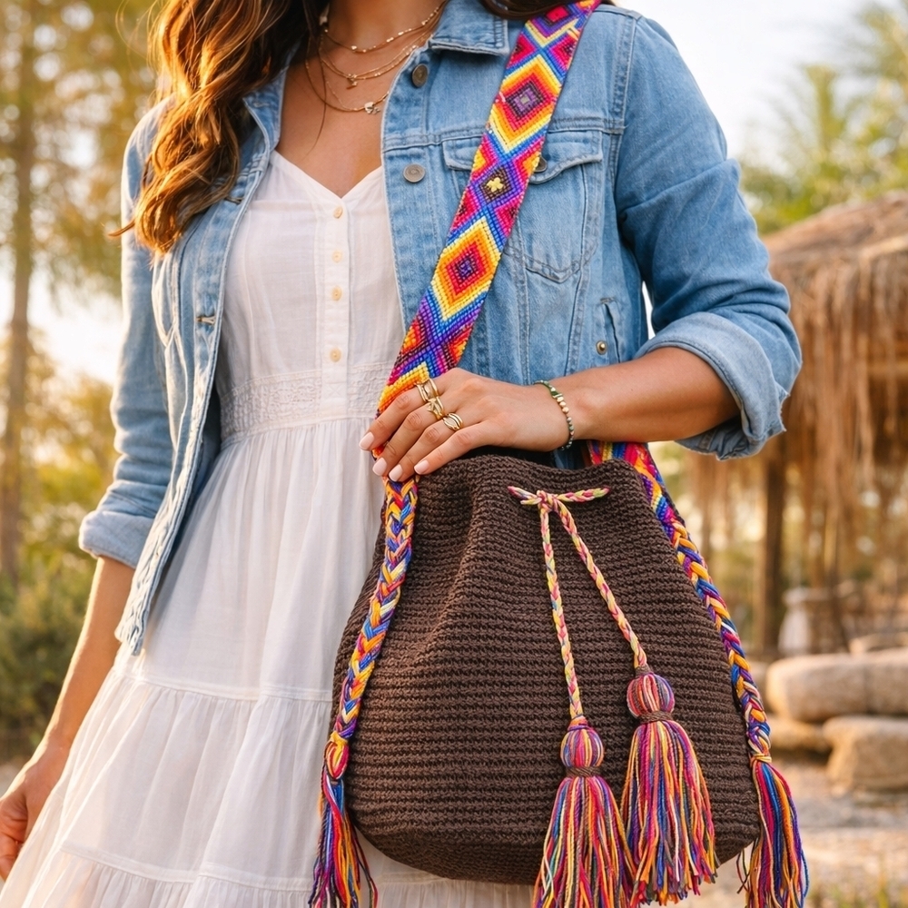 Mochilas Wayuu Handwoven Crossbody Bucket Bag Brown Multicolor Strap Tassel Boho